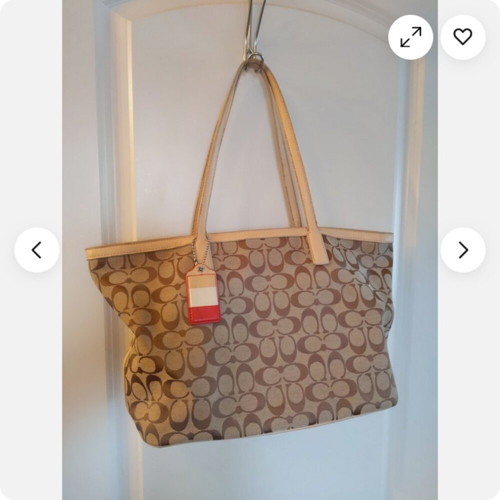 Coach Beige/Brown Signature Canvas and Leather Shopper Zip Tote Large